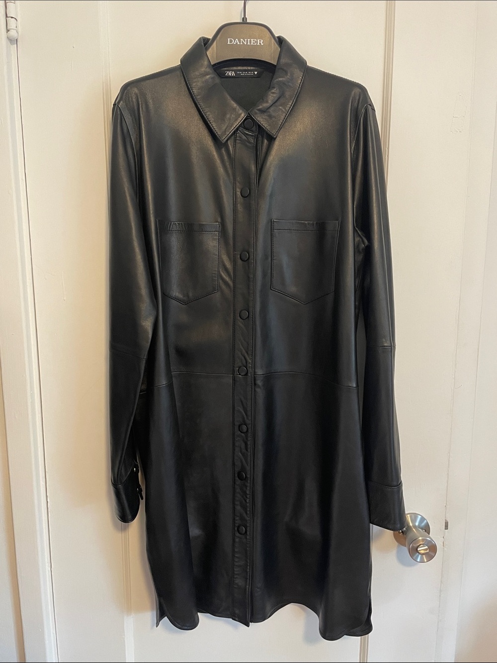 Zara Black REAL Leather Button-Front Shirt Dress